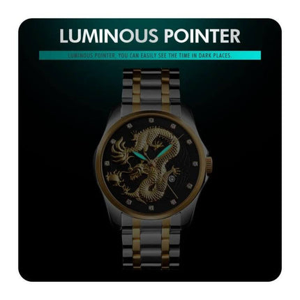 SKMEI Men's Watch with Golden Dragon Pattern and Calendar Display showing luminous hands, two-tone metal bracelet, and 30m water resistance