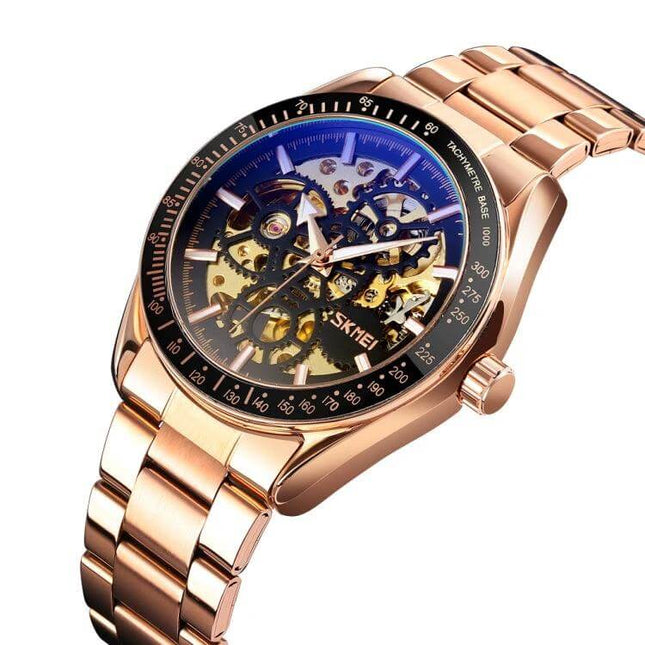 SKMEI Men's Automatic Mechanical Stainless Steel Watch rose gold skeleton dial on stainless steel bracelet