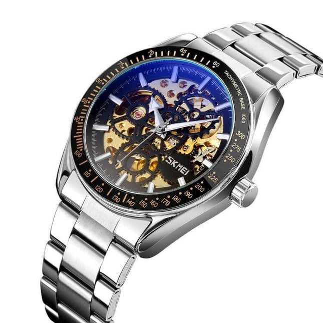 SKMEI Men's Automatic Mechanical Stainless Steel Watch close-up showing skeleton dial, automatic movement and stainless steel bracelet