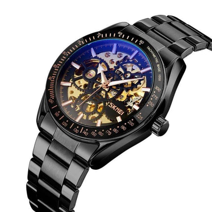 SKMEI Men's Automatic Mechanical Stainless Steel Watch with black stainless bracelet and skeleton gold movement dial