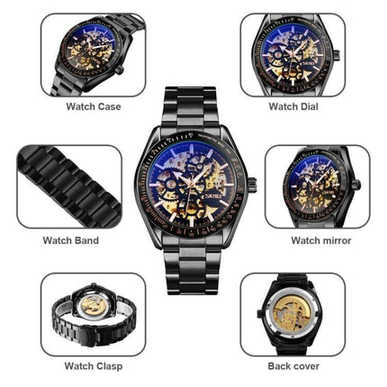 SKMEI Men's Automatic Mechanical Stainless Steel Watch with black stainless band and skeleton dial showing self-winding movement