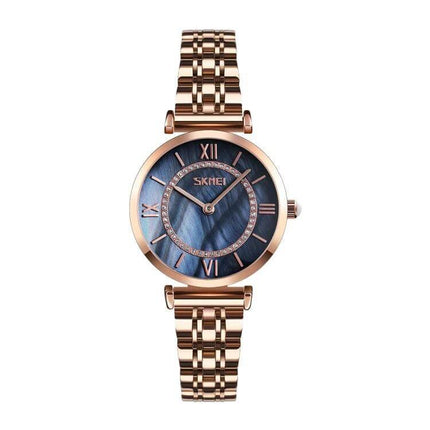 SKMEI Stylish Roman Numeral Watch for Couples Daily Wear - rose gold women's watch with blue dial, Roman numerals, quartz movement, durable bracelet