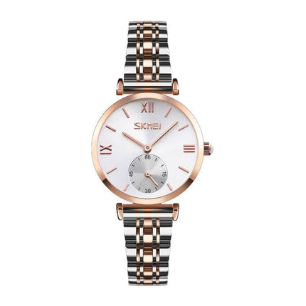 SKMEI Stylish Roman Numeral Watch for Couples Daily Wear - women's two-tone stainless steel dress watch with Roman numerals and small seconds subdial