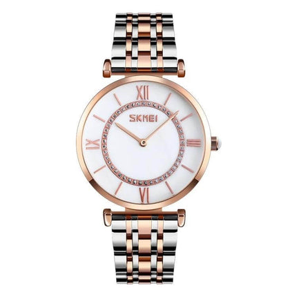 SKMEI Stylish Roman Numeral Watch for Couples Daily Wear - rose gold and silver women's watch with Roman numeral dial and crystal inner ring