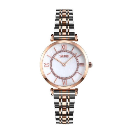 SKMEI Stylish Roman Numeral Watch for Couples Daily Wear - two-tone rose gold womens watch with Roman numerals and metal link bracelet
