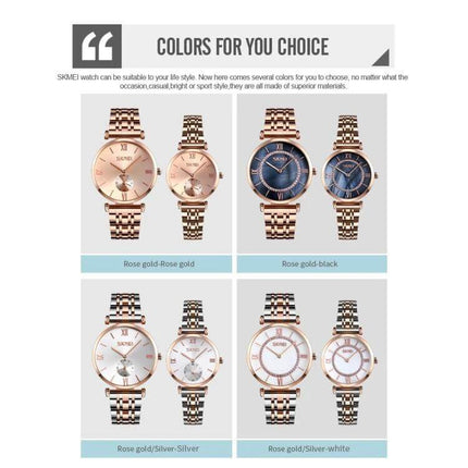 SKMEI Stylish Roman Numeral Watch for Couples Daily Wear - 4 matching rose gold and silver couple watch color options in product display