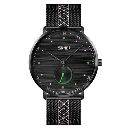 SKMEI Men's Stainless Steel Quartz Watch with Striped Dial — black striped dial, green accents, mesh band, lightweight 30m water-resistant everyday watch