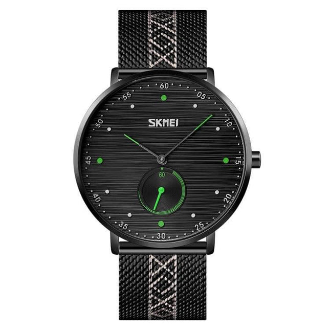 SKMEI Men's Stainless Steel Quartz Watch with Striped Dial — black striped dial, green accents, mesh band, lightweight 30m water-resistant everyday watch
