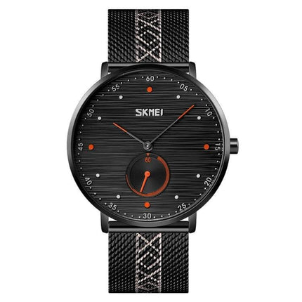 SKMEI Men's Stainless Steel Quartz Watch with Striped Dial - black striped dial, orange accents, stainless steel mesh band, 30m water resistance