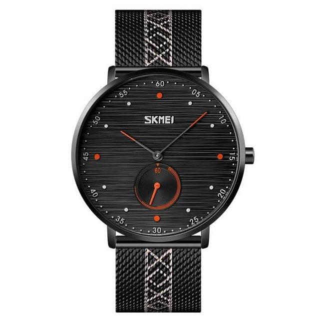 SKMEI Men's Stainless Steel Quartz Watch with Striped Dial - black striped dial, orange accents, stainless steel mesh band, 30m water resistance