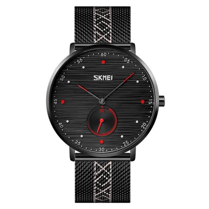 SKMEI Men's Stainless Steel Quartz Watch with Striped Dial - black striped dial, red accents, mesh band, lightweight everyday men's wristwatch