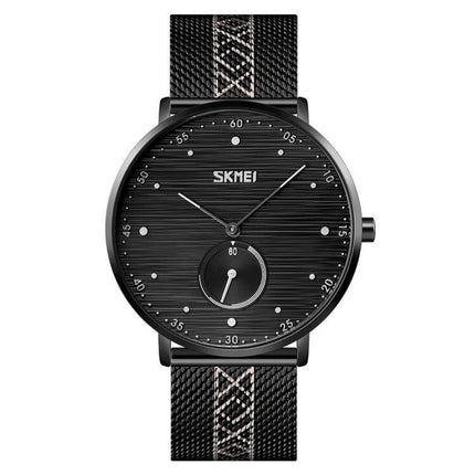 Alt Tag: SKMEI Men's Stainless Steel Quartz Watch with Striped Dial slim black striped dial watch with mesh strap, lightweight everyday 30m water resistant timepiece