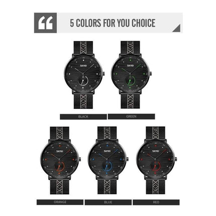 SKMEI Men's Stainless Steel Quartz Watch with Striped Dial showing five color variations (black, green, orange, blue, red) on black mesh strap