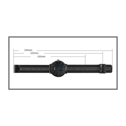 SKMEI Men's Stainless Steel Quartz Watch with Striped Dial showing full black strap, dial and 240mm/225mm/165mm measurement markings