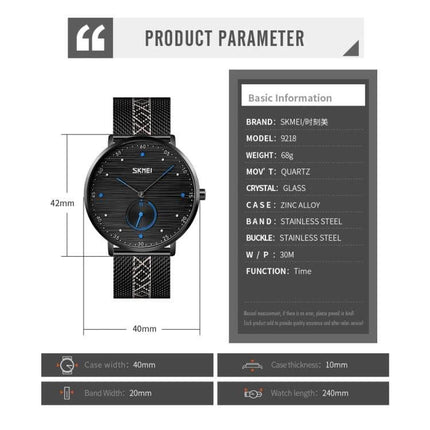 SKMEI Men's Stainless Steel Quartz Watch with Striped Dial showing black striped dial, mesh band, 42mm case and product specifications