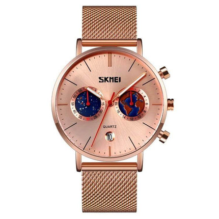 SKMEI Men's Map Pattern Stainless Steel Watch with Calendar in rose gold mesh band showing map-dial subregisters and date window