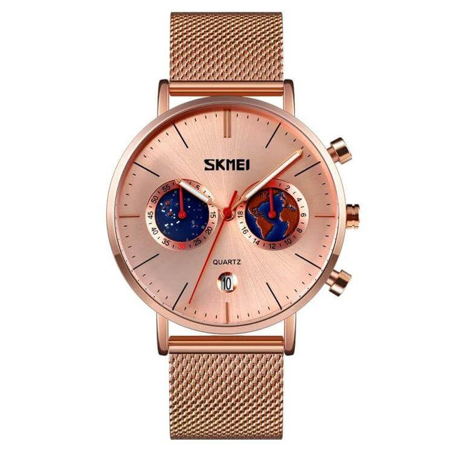 SKMEI Men's Map Pattern Stainless Steel Watch with Calendar in rose gold mesh band showing map-dial subregisters and date window