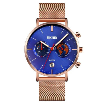 SKMEI Men's Map Pattern Stainless Steel Watch with Calendar - blue dial, map subdial, rose gold mesh band, calendar window, 30m water resistant