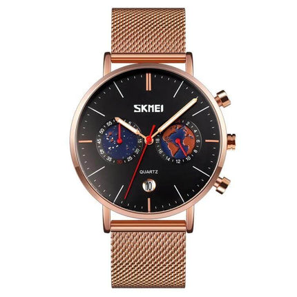SKMEI Men's Map Pattern Stainless Steel Watch with Calendar - rose gold mesh band, black dial with map subdials and calendar window