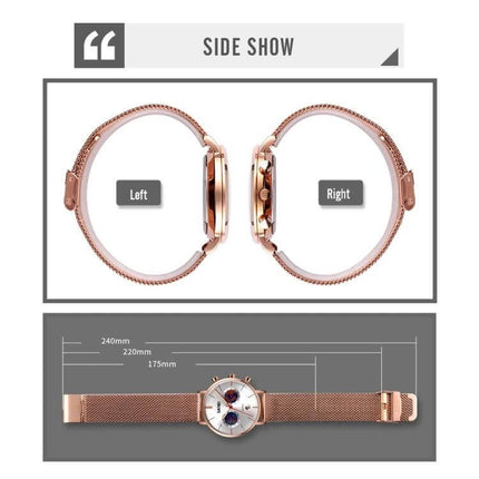 SKMEI Men's Map Pattern Stainless Steel Watch with Calendar shown side view and flat dimensions in rose gold mesh band
