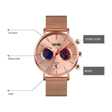 SKMEI Men's Map Pattern Stainless Steel Watch with Calendar - rose gold mesh band watch face showing map dials, date, 24-hour and minute subdials