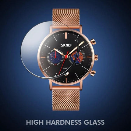 SKMEI Men's Map Pattern Stainless Steel Watch with Calendar - rose gold mesh band, black dial with map pattern and calendar subdial, 30m water resistant