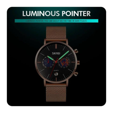 SKMEI Men's Map Pattern Stainless Steel Watch with Calendar showing luminous hands, black dial with map subdials and brown mesh stainless steel band