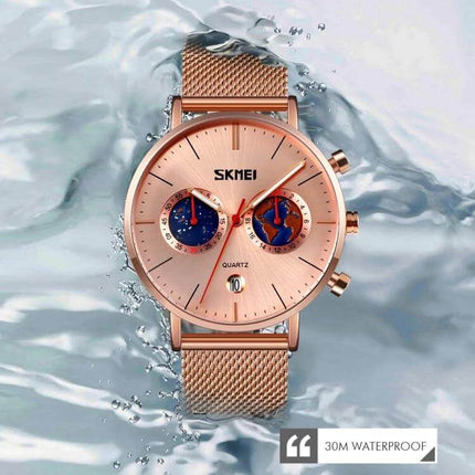 SKMEI Men's Map Pattern Stainless Steel Watch with Calendar - rose gold mesh strap, map-dial chronograph, 30m water resistant
