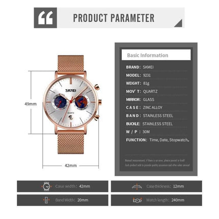 SKMEI Men's Map Pattern Stainless Steel Watch with Calendar - rose gold mesh band, 42mm case, 30m water resistance, calendar and stopwatch features