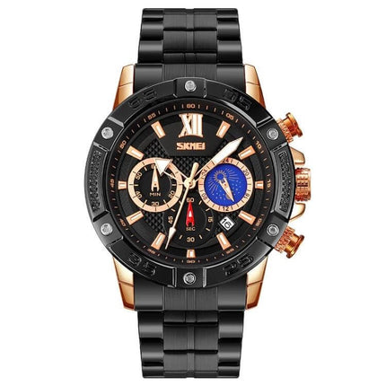 SKMEI Men's Stainless Steel Watch with Moonphase Feature, black and rose gold sport chronograph with blue moonphase dial
