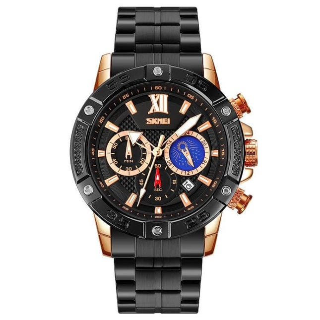 SKMEI Men's Stainless Steel Watch with Moonphase Feature, black and rose gold sport chronograph with blue moonphase dial