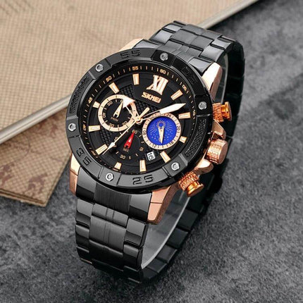 SKMEI Men's Stainless Steel Watch with Moonphase Feature black and rose gold men's watch showing moonphase subdial, stainless steel bracelet, quartz movement