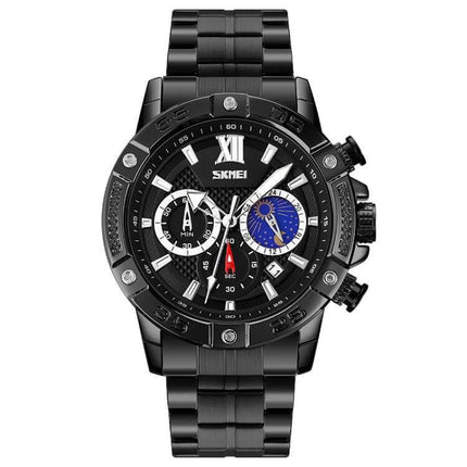SKMEI Men's Stainless Steel Watch with Moonphase Feature showing black stainless bracelet, moonphase subdial, chronograph and date display