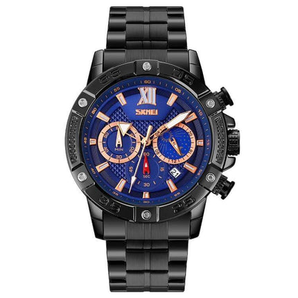 SKMEI Men's Stainless Steel Watch with Moonphase Feature - black metal band, blue dial, moonphase and subdials, 30m water-resistant quartz watch