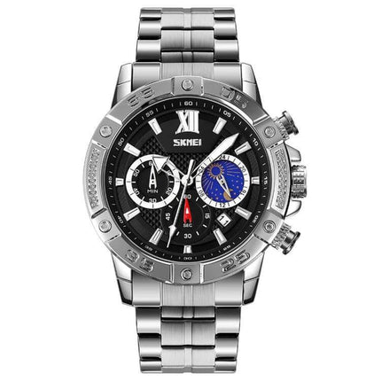 SKMEI Men's Stainless Steel Watch with Moonphase Feature showing stainless bracelet, black dial, subdials and blue moonphase display