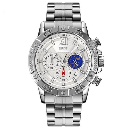 SKMEI Men's Stainless Steel Watch with Moonphase Feature showing silver bracelet, white dial, moonphase subdial and chronograph accents