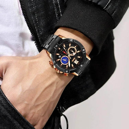 SKMEI Men's Stainless Steel Watch with Moonphase Feature on wrist showing moonphase dial, black stainless bracelet and rose gold accents, 30m water resistant