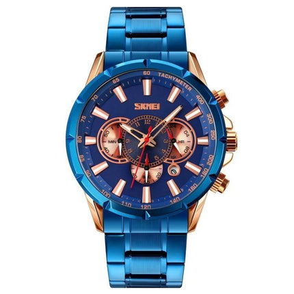 SKMEI Men's Stainless Steel Quartz Watch with Calendar Function - blue stainless steel chronograph watch with date and stopwatch, 30m water resistant