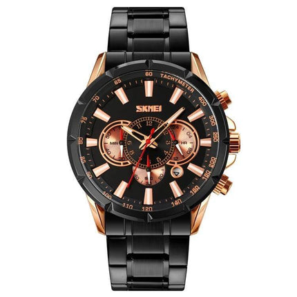 SKMEI Men's Stainless Steel Quartz Watch with Calendar Function - black and rose gold chronograph wristwatch, stainless steel band, date and stopwatch display