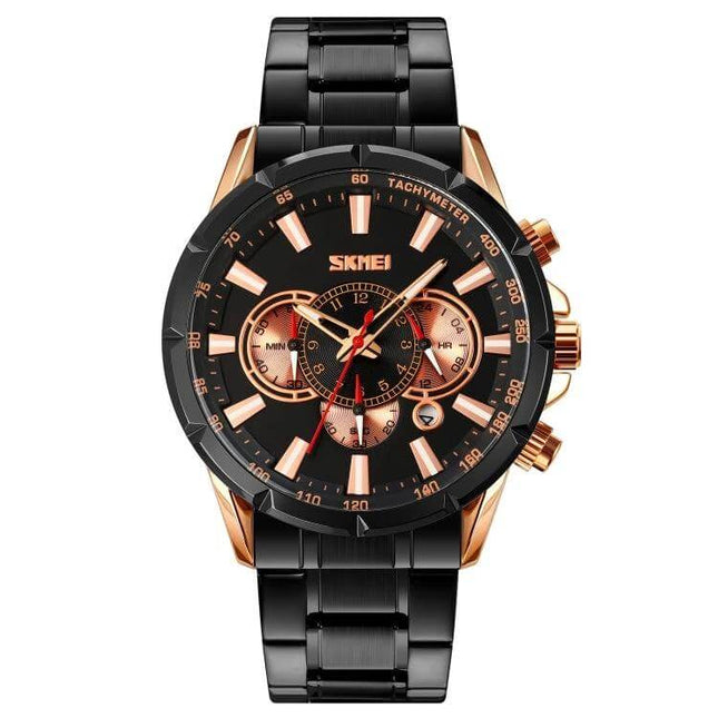 SKMEI Men's Stainless Steel Quartz Watch with Calendar Function - black and rose gold chronograph wristwatch, stainless steel band, date and stopwatch display