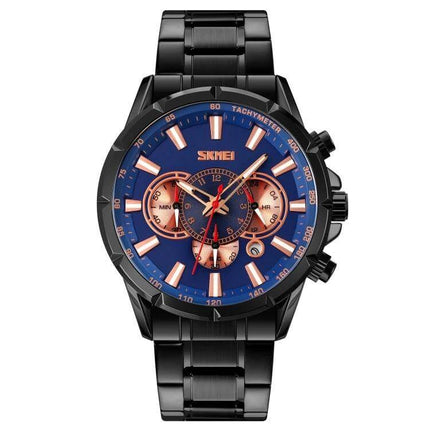 SKMEI Men's Stainless Steel Quartz Watch with Calendar Function - black stainless steel chronograph with blue dial and date