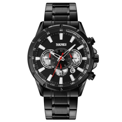 SKMEI Men's Stainless Steel Quartz Watch with Calendar Function - black chronograph, date display, stainless steel bracelet, 30m water resistant