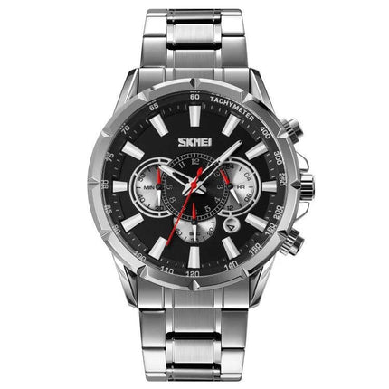 SKMEI Men's Stainless Steel Quartz Watch with Calendar Function — silver band, black dial, date window and stopwatch subdials