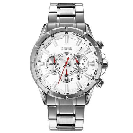 SKMEI Men's Stainless Steel Quartz Watch with Calendar Function - silver chronograph, date display, stopwatch, 30m water resistant
