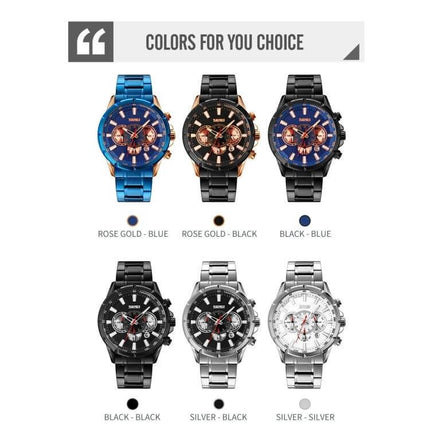 SKMEI Men's Stainless Steel Quartz Watch with Calendar Function - six color variants displayed (blue, rose gold-black, black-blue, black-black, silver-black, silver-silver)