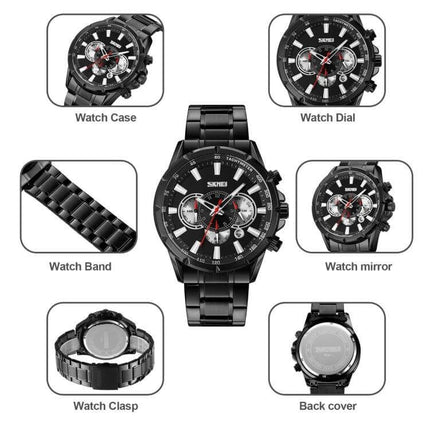 SKMEI Men's Stainless Steel Quartz Watch with Calendar Function black stainless steel chronograph showing dial, band, clasp and back cover