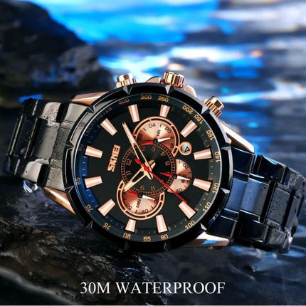 SKMEI Men's Stainless Steel Quartz Watch with Calendar Function black stainless steel chronograph on wet rock, 30M water resistant