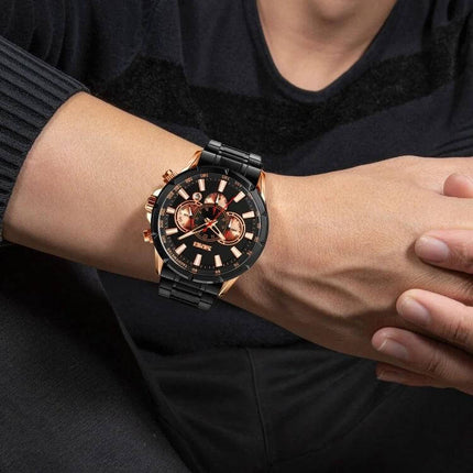 SKMEI Men's Stainless Steel Quartz Watch with Calendar Function on male wrist, black and rose gold chronograph, date and stopwatch visible, 30m water resistant