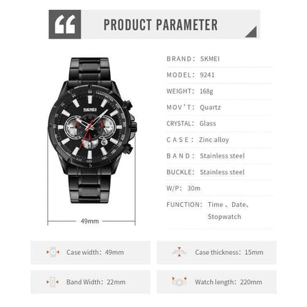 SKMEI Men's Stainless Steel Quartz Watch with Calendar Function black stainless steel mens watch showing dial, date, stopwatch and product parameters
