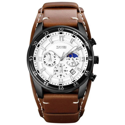 SKMEI Men's Leather Strap Watch with Moonphase and Calendar Features — brown leather strap, white dial showing moonphase and calendar